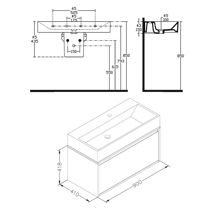 Pure 2.0 Waschtisch mit Unterschrank 90 cm mit 1 Auszug