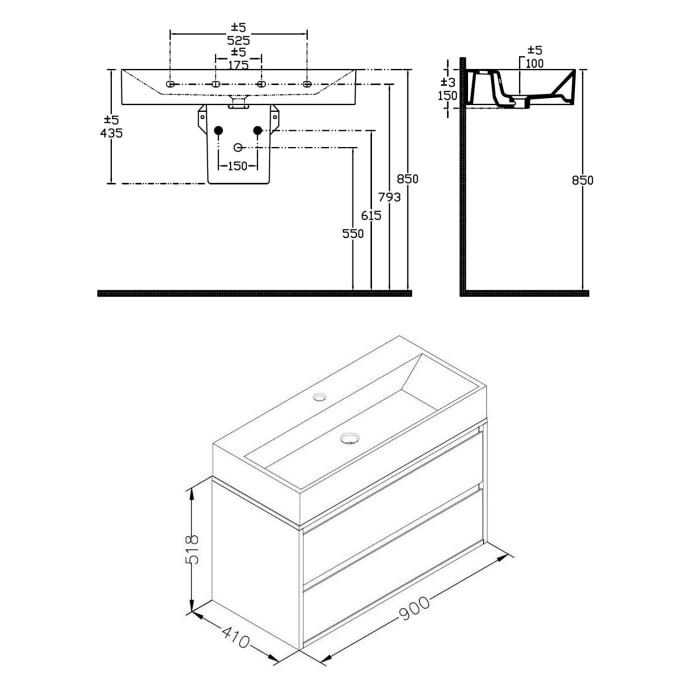 Pure 2.0 Waschtisch mit Unterschrank 90 cm mit 2 Auszügen