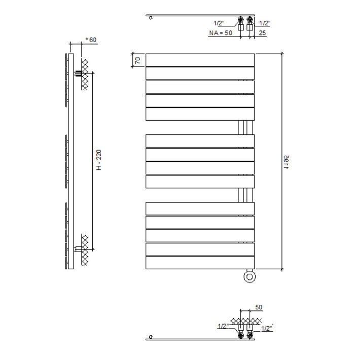 Plan Open E Badheizkörper 50 x 119,5 cm, rein elektrisch, Heizstab Typ 4, Öffnung links mit Fernbedienung
