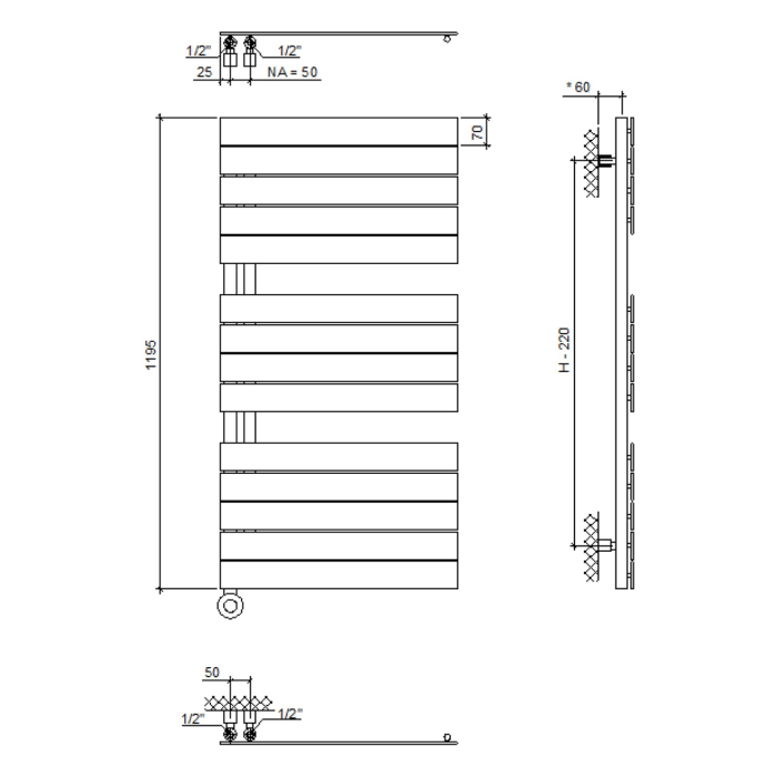 Plan Open E Badheizkörper 60 x 119,5 cm, rein elektrisch, Heizstab Typ 4, Öffnung rechts mit Fernbedienung