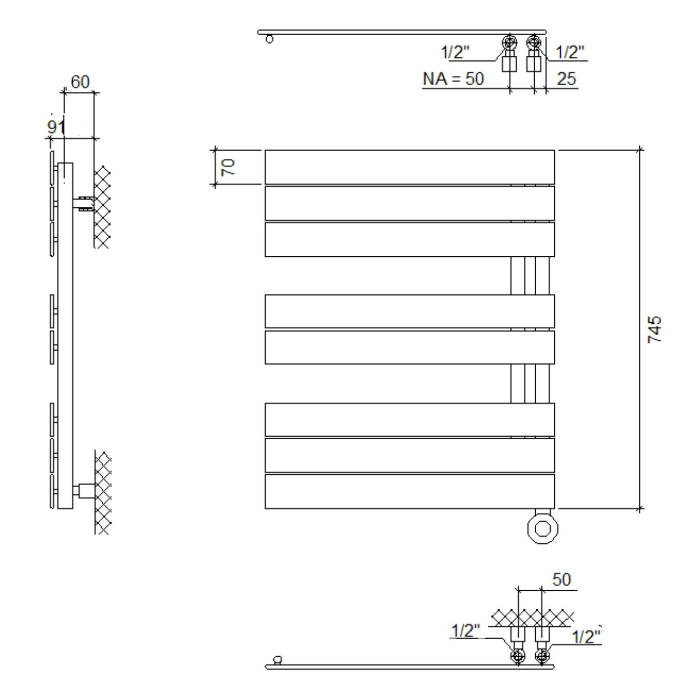 Plan Open E Badheizkörper 50 x 74,5 cm, rein elektrisch, Heizstab Typ 4, Öffnung links mit Fernbedienung