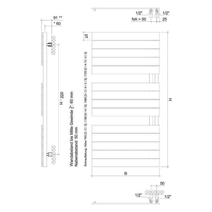 Plan Open E Badheizkörper 50 x 172 cm, rein elektrisch, Heizstab Typ 4, Öffnung links mit Fernbedienung