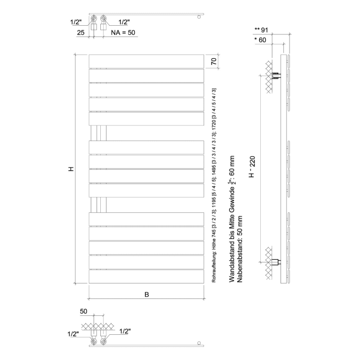 Plan Open E Badheizkörper 60 x 172 cm, rein elektrisch, Heizstab Typ 3, Öffnung rechts