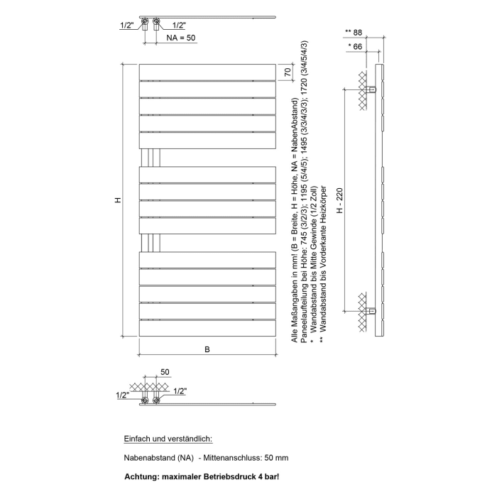 Plan Open E Badheizkörper 60 x 172 cm, rein elektrisch, Heizstab Typ 4, Öffnung rechts mit Fernbedienung