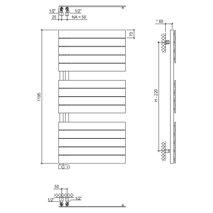 Plan Open E Badheizkörper 60 x 119,5 cm, rein elektrisch, Heizstab Typ 3, Öffnung links