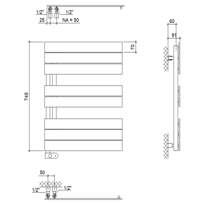 Plan Open E Badheizkörper 60 x 74,5 cm, rein elektrisch, Heizstab Typ 3, Öffnung rechts