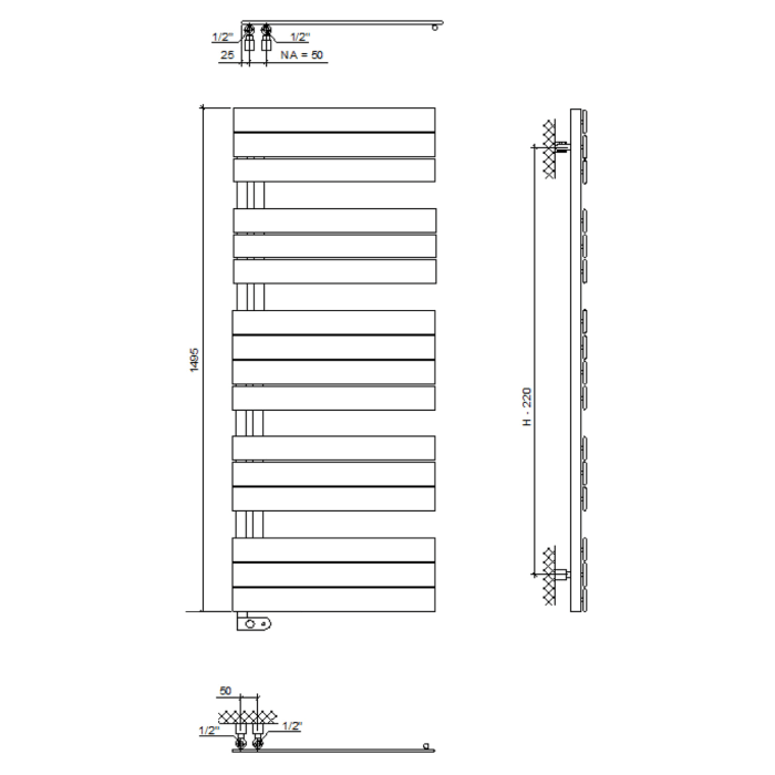 Plan Open E Badheizkörper 50 x 149,5 cm, rein elektrisch, Heizstab Typ 3, Öffnung rechts