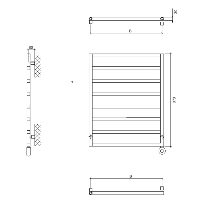 Quara E Badheizkörper 60 x 87 cm, rein elektrisch, Heizstab Typ 4 rechts mit Fernbedienung