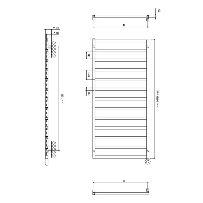 Quara E Badheizkörper 50 x 147 cm, rein elektrisch, Heizstab Typ 4 rechts mit Fernbedienung