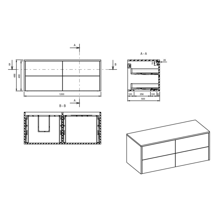 Art Waschtischkonsole 120 cm mit 4 Auszügen