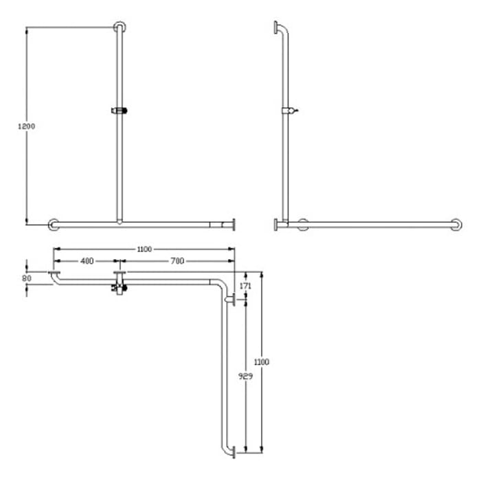 Silver Age System Duschhandlauf 110 x 110 x 120 cm, mit Brausestange Mitte links