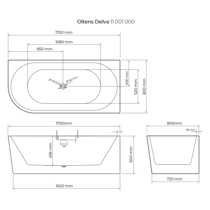 OLTENS Delva Vorwand-Badewanne 170 x 80 cm für Eckeinbau rechts