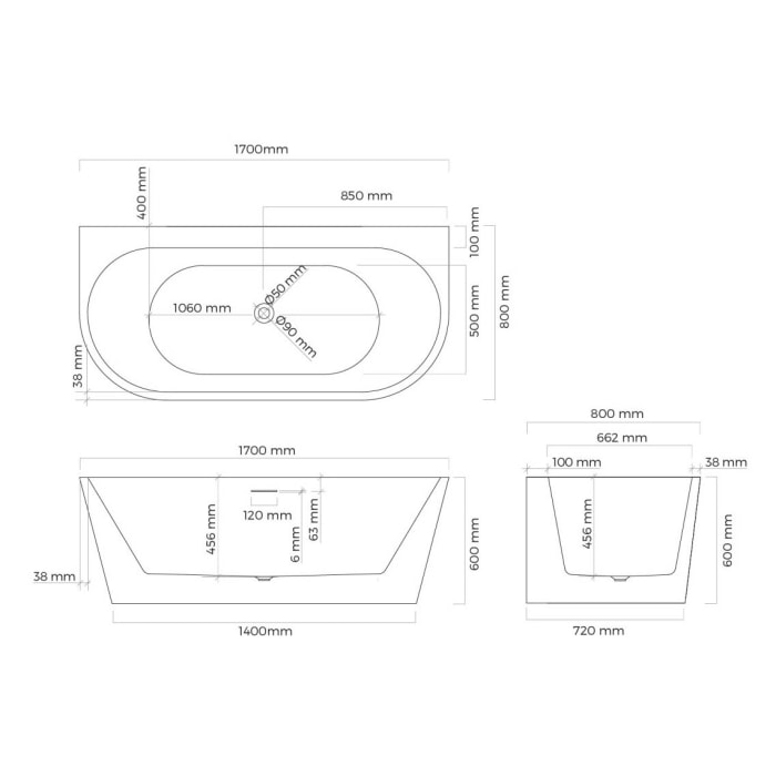 OLTENS Hulda wandmontierte Badewanne oval 170 x 80 cm