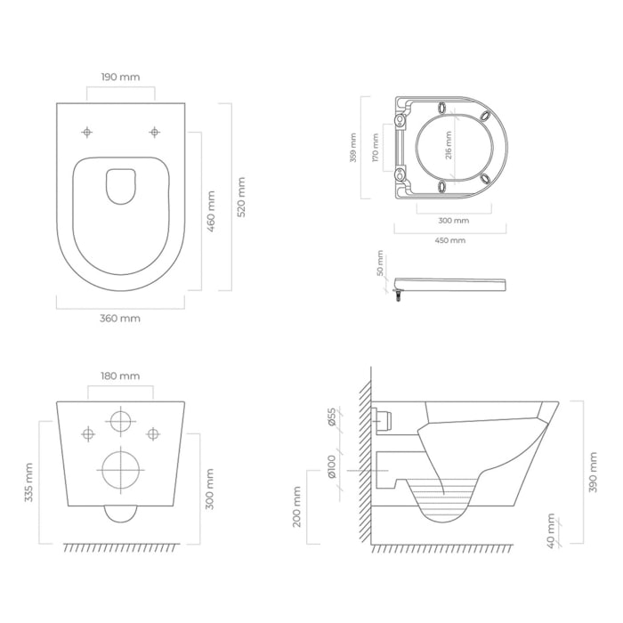 OLTENS Jog Tiefspül-Wand-WC PureRim 36 x 52 cm, Set mit WC-Sitz, mit SmartClean