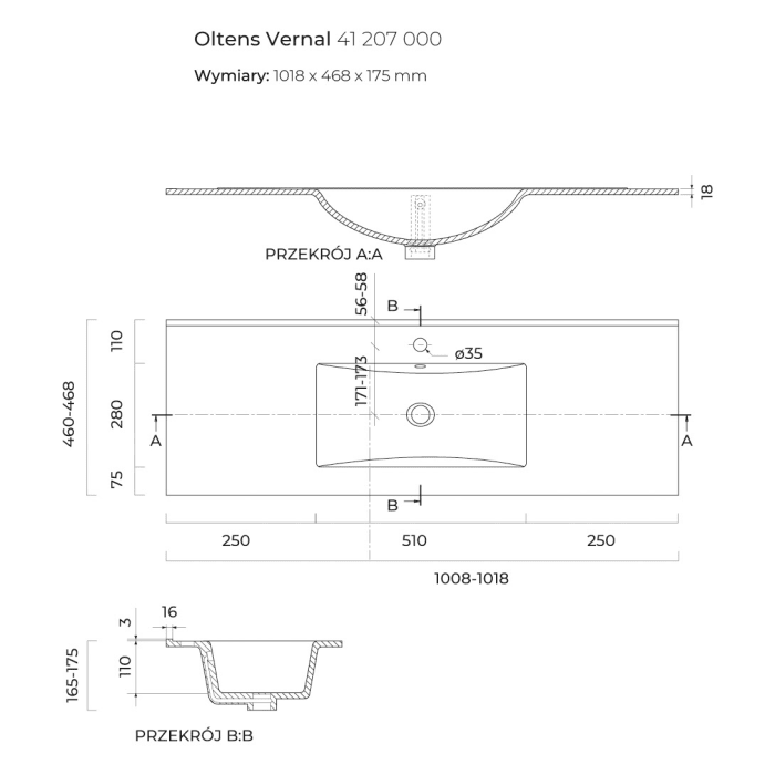 OLTENS Vernal Waschtischunterschrank mit Waschbecken 101 x 25,4 cm, mit 1 Schublade