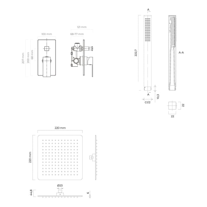 OLTENS Gota Duschsystem mit Unterputz-Armatur, Stabhandbrause und Kopfbrause eckig 22 x 22 cm
