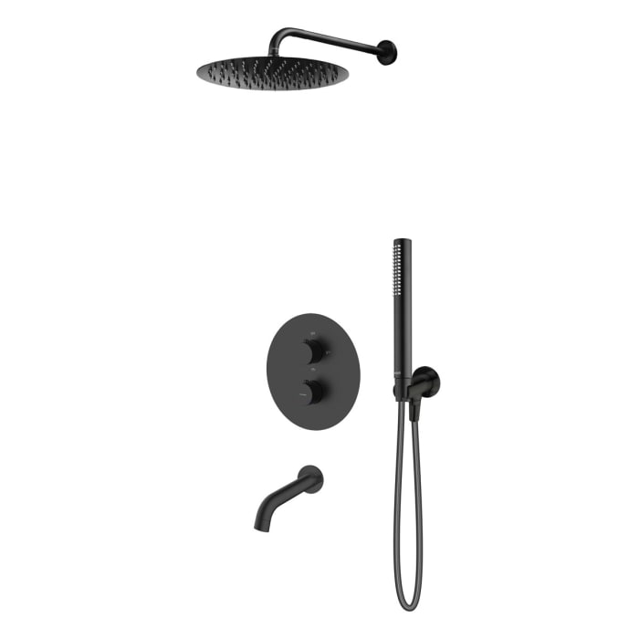 OLTENS Katla Duschsystem mit Unterputz-Thermostat-Armatur, Stabhandbrause, Kopfbrause rund und Wanneneinlauf