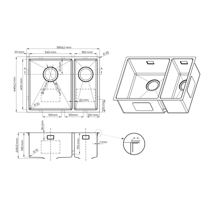 OLTENS Hydda Edelstahl-Spülbecken 58 x 44 cm