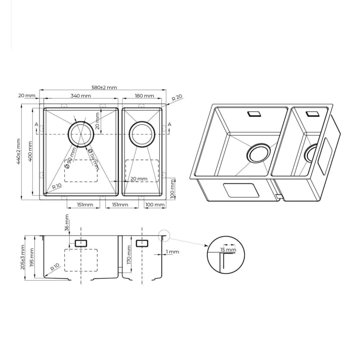 OLTENS Stalvask Edelstahl-Spülbecken 58 x 44 cm