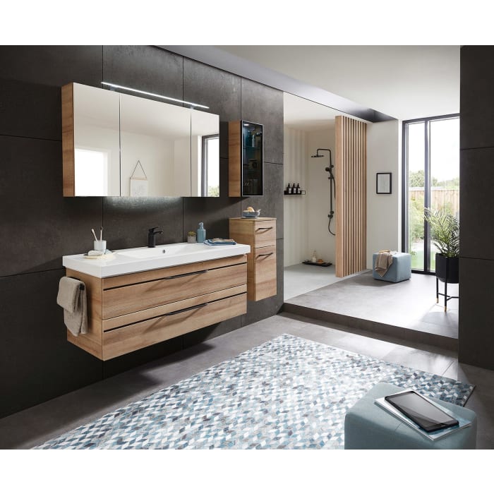 Pelipal Balto Waschtischkombination mit Mineralmarmorwaschtisch 123 cm, Griff V2 und Spiegelschrank