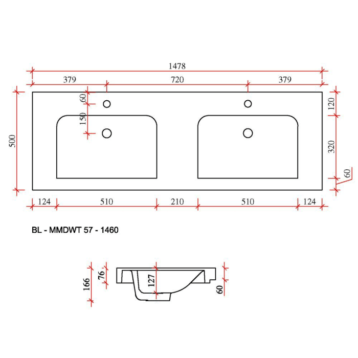 Pelipal Balto Mineralmarmor Doppelwaschtisch 147,8 cm ohne Hahnloch, mit LED Zusatzbeleuchtung