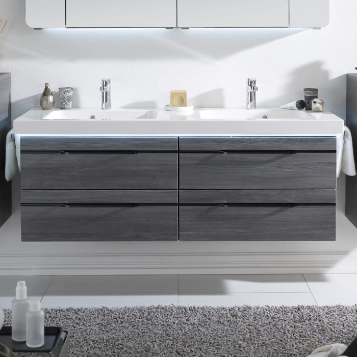 Pelipal Balto Waschtischkombination mit Mineralmarmor Doppelwaschtisch 148,2 cm, Griff V2, LED-Zusatzbeleuchtung