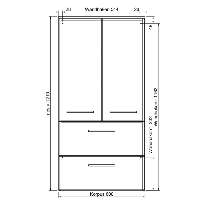 Pelipal Midischrank 121 x 60 x 33 cm mit 2 Drehtüren, 2 Auszügen und Griff V2
