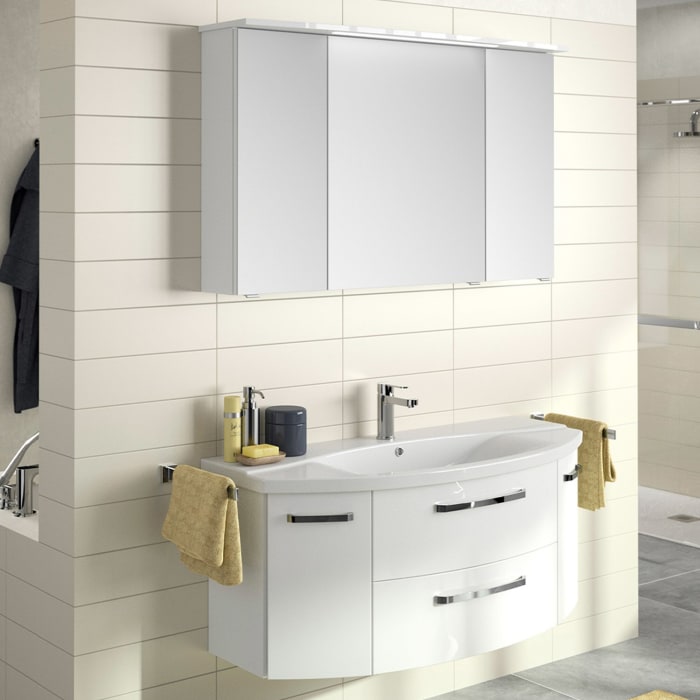 Pelipal Serie 4010 Möbelkombination 120 cm mit Spiegelschrank mit LED-Kranzbeleuchtung, Keramikwaschtisch und Waschtischunterschrank