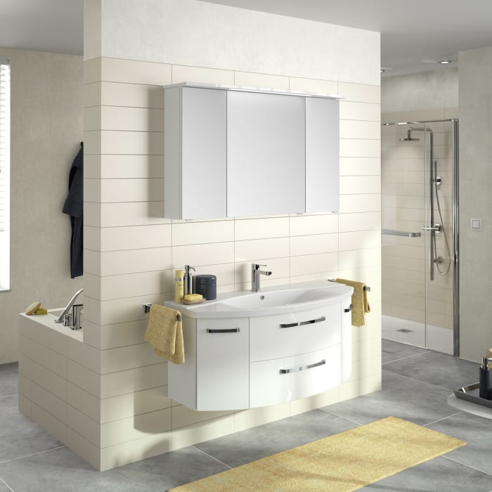 Pelipal Serie 4010 Möbelkombination 120 cm mit Spiegelschrank mit LED-Kranzbeleuchtung, Keramikwaschtisch und Waschtischunterschrank