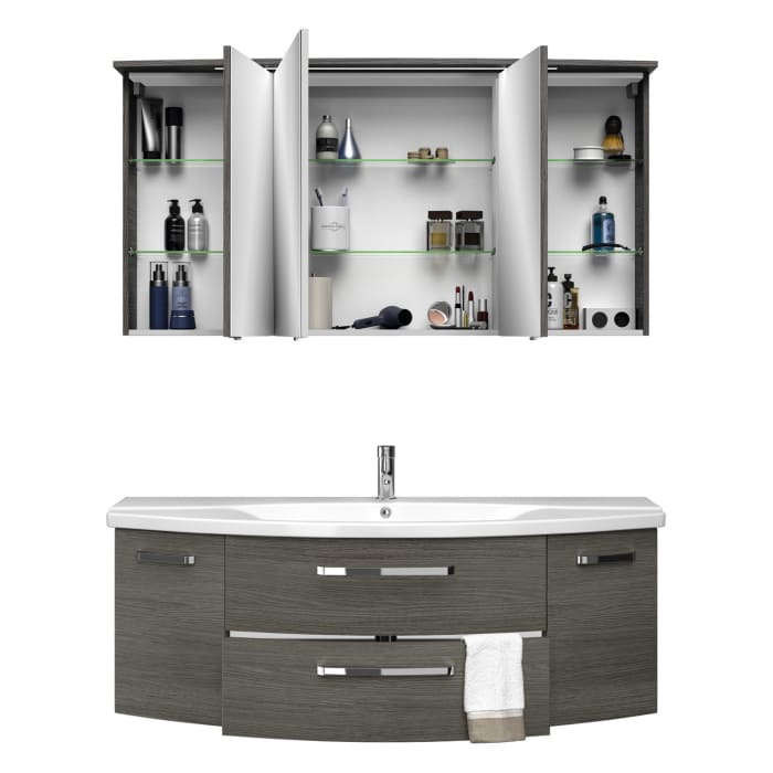 Pelipal Serie 4010 Möbelkombination 140 cm mit Spiegelschrank mit LED-Kranzbeleuchtung, Keramikwaschtisch und Waschtischunterschrank