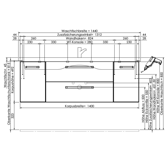 Pelipal Serie 4010 Möbelkombination 140 cm mit Spiegelschrank mit LED-Kranzbeleuchtung, Keramikwaschtisch und Waschtischunterschrank