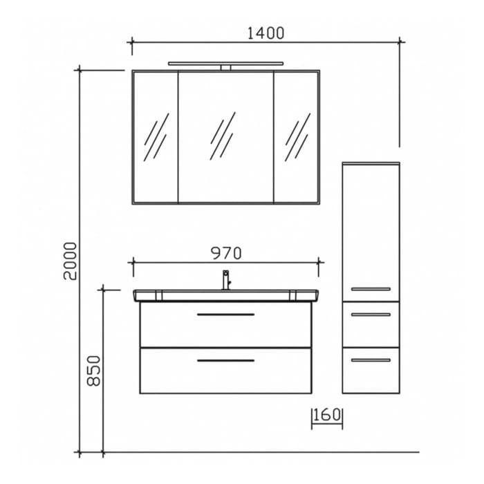 Pelipal Serie 6005 Badmöbel-Set 142 cm, inkl. Spiegelschrank und Midischrank