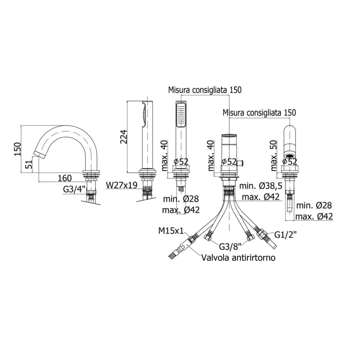 pianura Aora Dreiloch-Wannenrand-Einhebelmischer inkl. Brausegarnitur