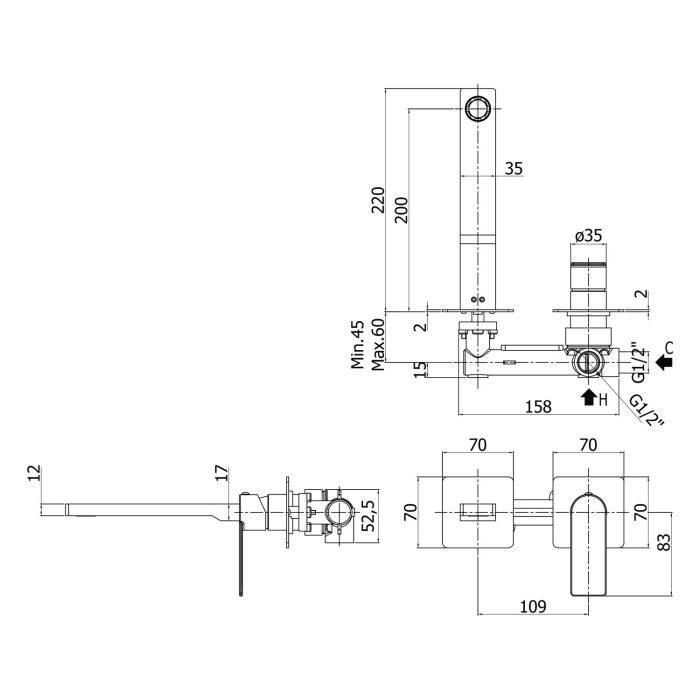 pianura Giulia Waschtisch-Wandarmatur 20 cm inkl. Grundkörper, wassersparend