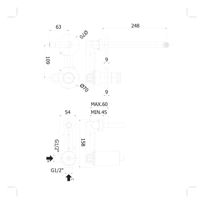 pianura Stella Waschtisch-Wandarmatur 24,8 cm inkl. Grundkörper, wassersparend