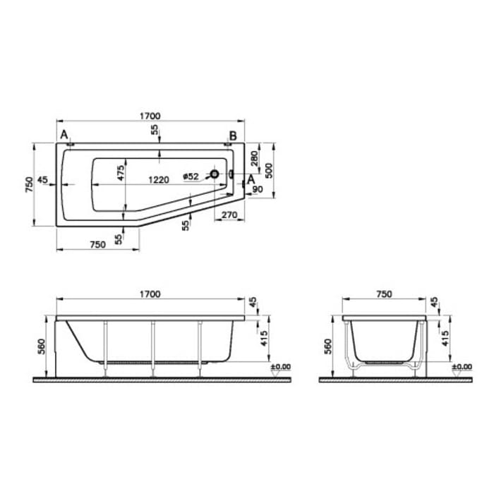pianura Gina Raumsparwanne 170 x 75 cm Ecke links