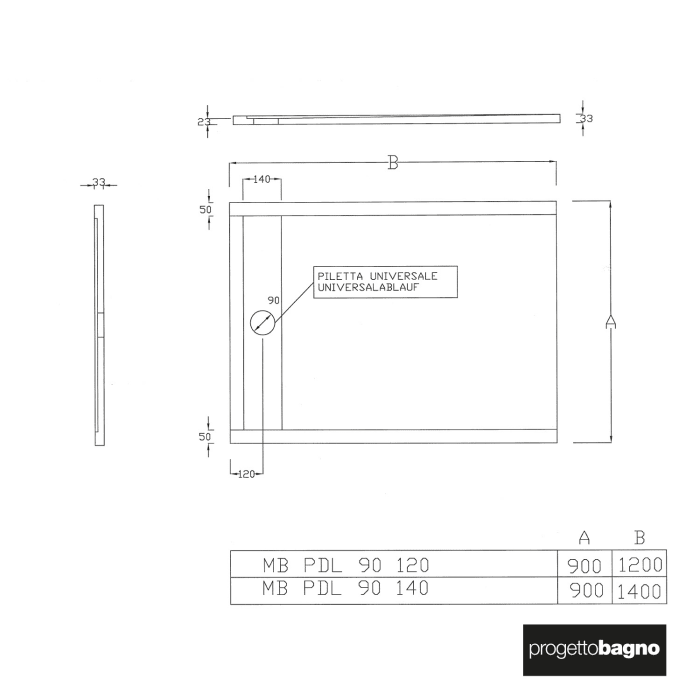 progettobagno Diamante Duschwanne 90 x 120 x 3,3 cm Feinsteinzeug Laminam®