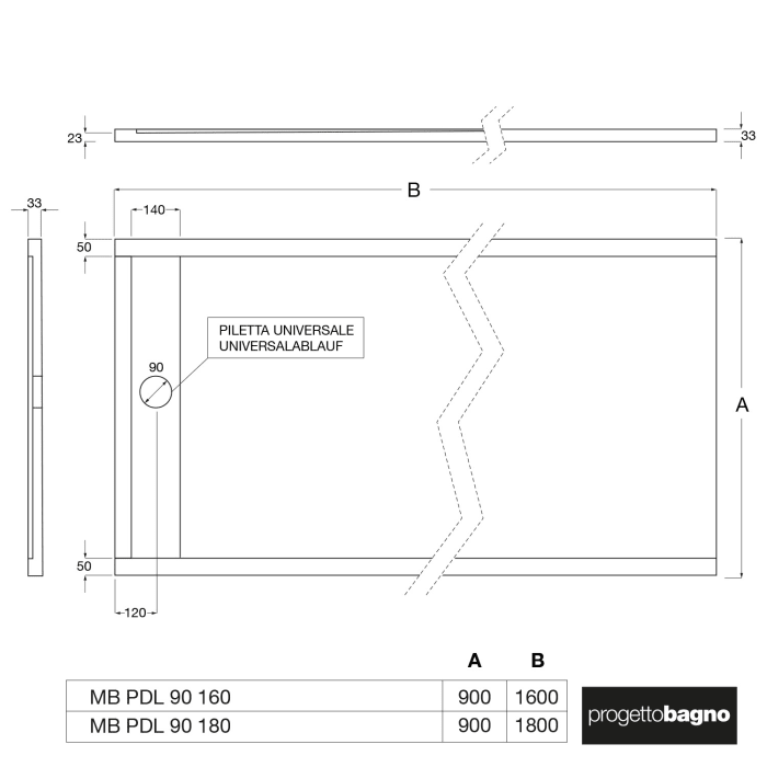 progettobagno Diamante Duschwanne 90 x 180 x 3,3 cm Feinsteinzeug Laminam®