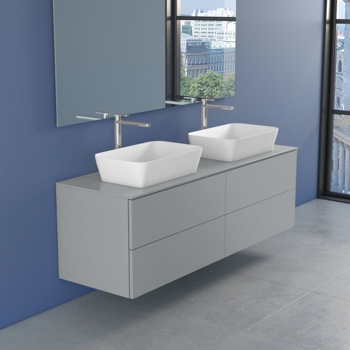 progettobagno Elba Doppel-Unterschrank 160 cm mit Glasplatte ohne Hahnlochbohrung und FLY 56 Aufsatzwaschtischen