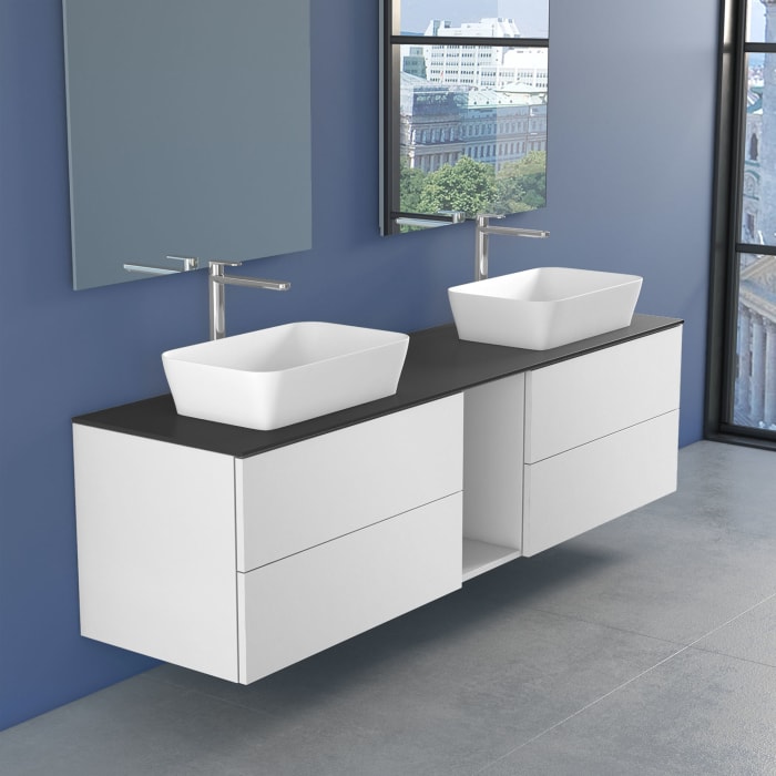 progettobagno Elba Doppel-Unterschrank 190 cm mit Glasplatte, Hahnlochbohrung und FLY 56 Aufsatzwaschtischen