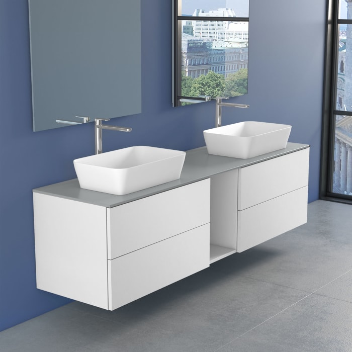 progettobagno Elba Doppel-Unterschrank 190 cm mit Glasplatte, Hahnlochbohrung und FLY 56 Aufsatzwaschtischen