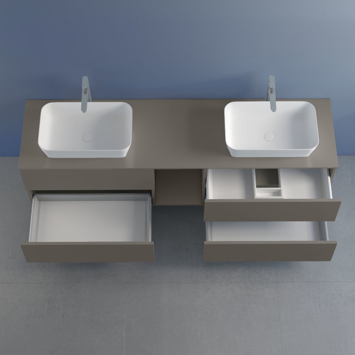 progettobagno Elba Doppel-Unterschrank 190 cm mit Glasplatte, Hahnlochbohrung und FLY 56 Aufsatzwaschtischen