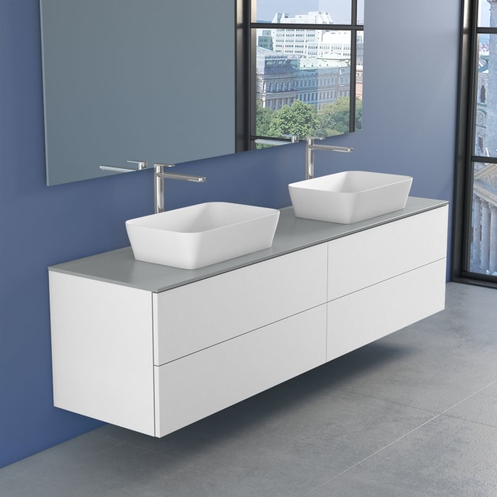 progettobagno Elba Doppel-Unterschrank 200 cm mit Glasplatte, Hahnlochbohrung und FLY 56 Aufsatzwaschtischen