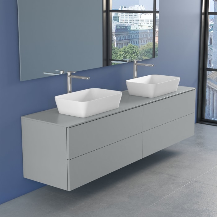 progettobagno Elba Doppel-Unterschrank 200 cm mit Glasplatte, Hahnlochbohrung und FLY 56 Aufsatzwaschtischen