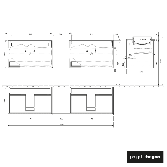 progettobagno Elba Doppel-Unterschrank 190 cm mit Glasplatte ohne Hahnlochbohrung und ELY 60 Einbauwaschtischen