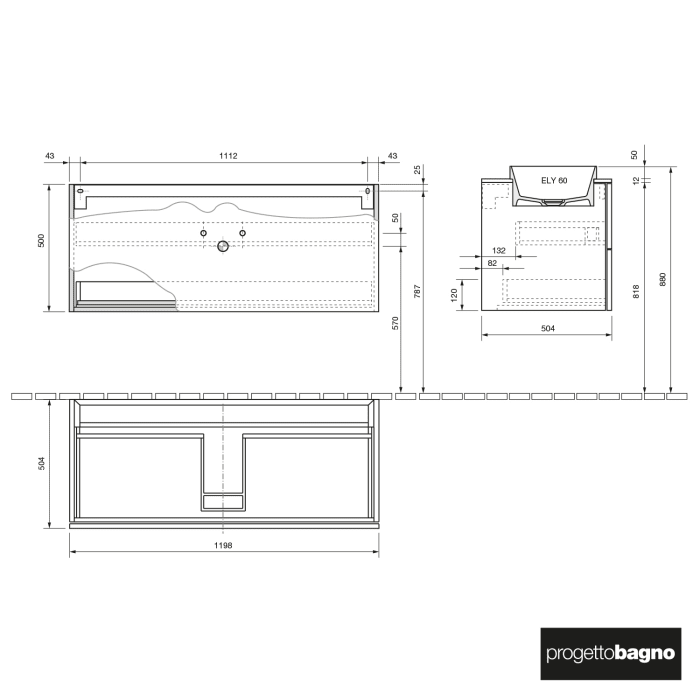 progettobagno Elba Unterschrank 120 cm mit Glasplatte ohne Hahnlochbohrung und  ELY 60 Einbauwaschtisch