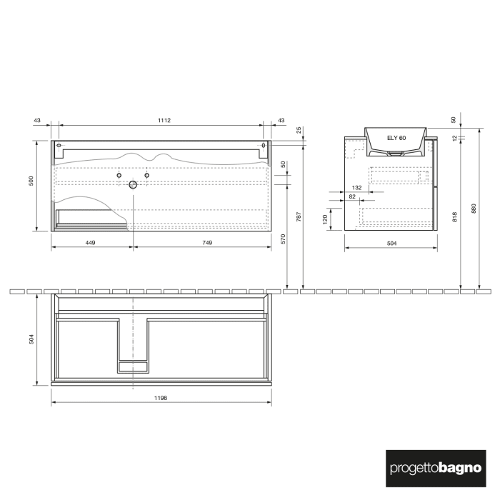 progettobagno Elba Unterschrank 120 cm, Ausführung links mit Glasplatte ohne Hahnlochbohrung und ELY 60 Einbauwaschtisch