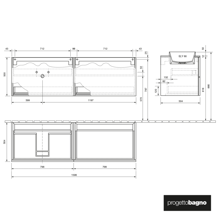 progettobagno Elba Unterschrank 160 cm, Ausführung links  mit Glasplatte ohne Hahnlochbohrung und ELY 60 Einbauwaschtisch