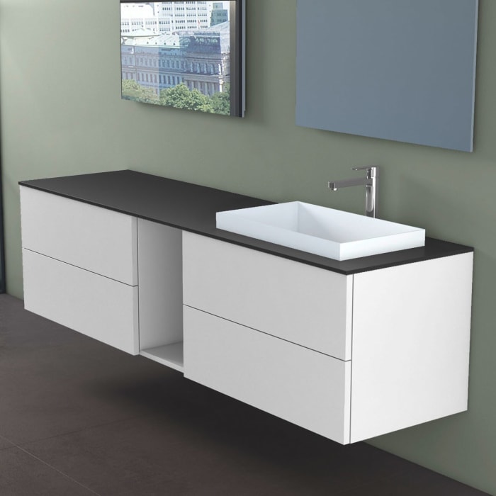 progettobagno Elba Unterschrank 190 cm, Ausführung rechts  mit Glasplatte , Hahnlochbohrung und ELY 60 Einbauwaschtisch