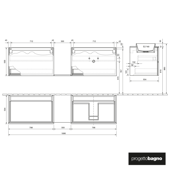 progettobagno Elba Unterschrank 190 cm, Ausführung rechts  mit Glasplatte , Hahnlochbohrung und ELY 60 Einbauwaschtisch
